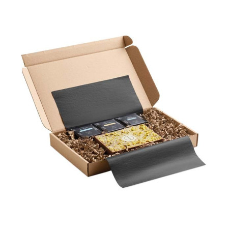 Boîte cadeau avec chocolat style Dubaï et 3 thés zen 