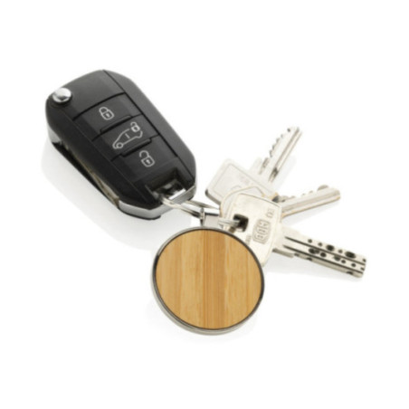 Porte-clés publicitaire rond en alliage de zinc RCS et bambou 