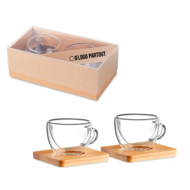 Set de 2 tasses en verre double paroi et bambou 90 ml