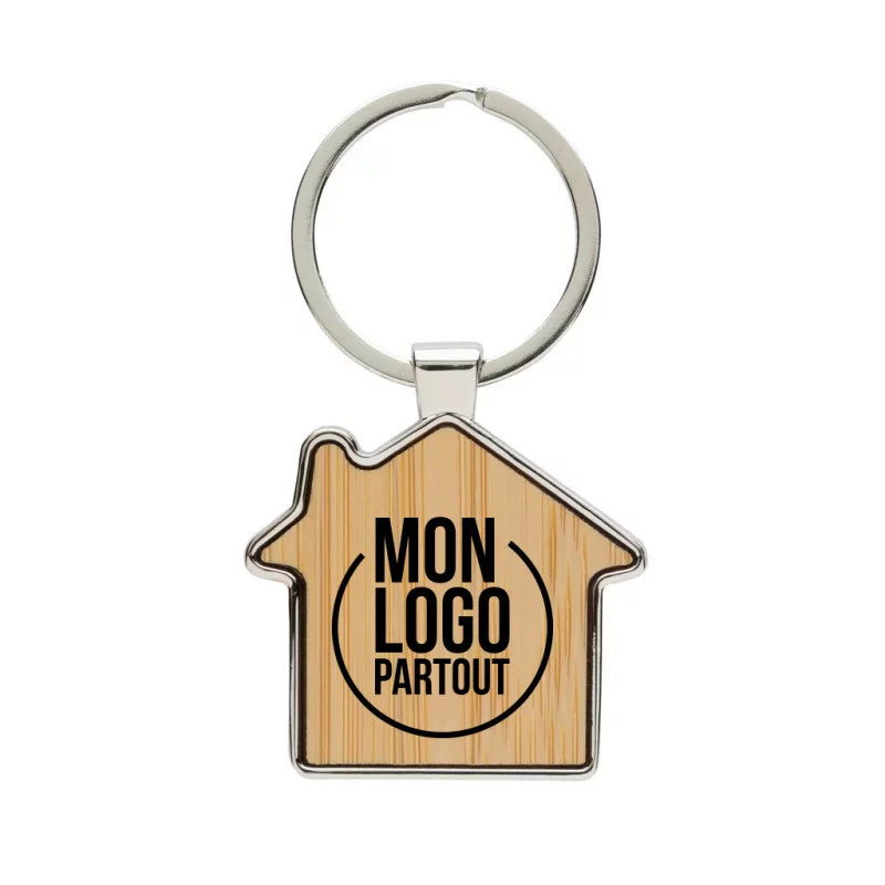 Porte-clés maison en alliage de zinc recyclé RCS et bambou 