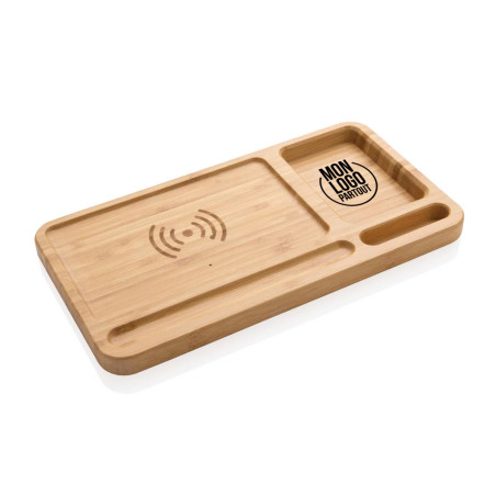 Organiseur de bureau personnalisé en bambou avec chargeur 10W 