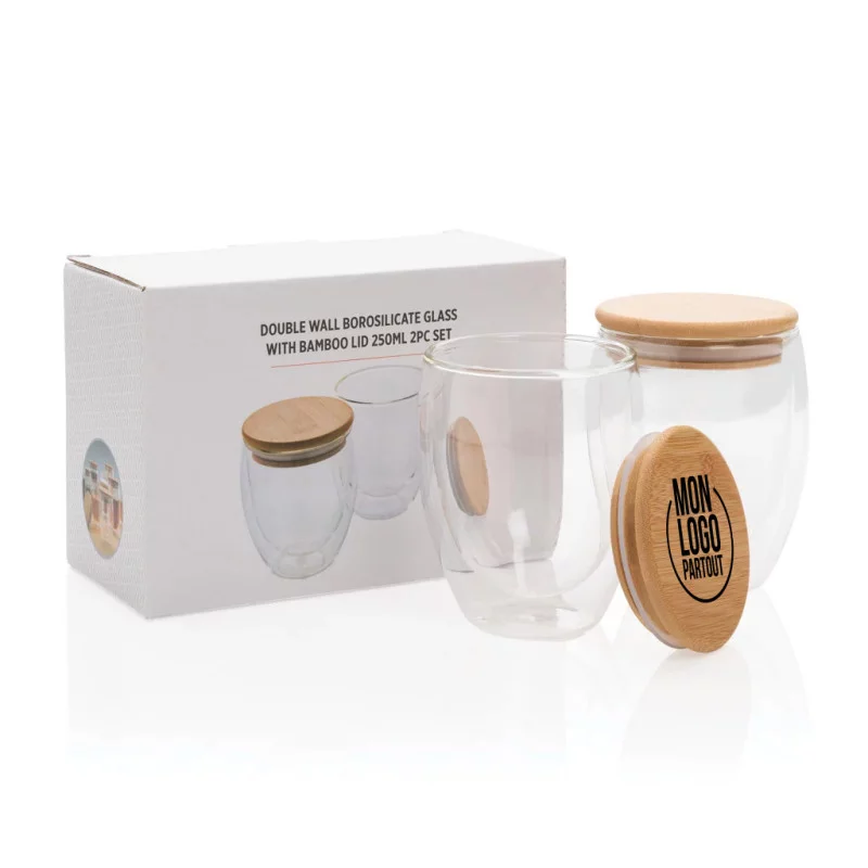 Set de 2 verres double paroi avec couvercle en bambou 250ml 