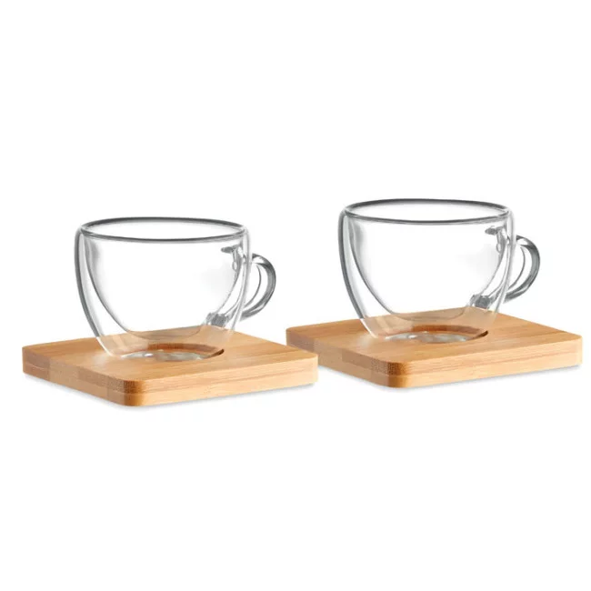 Set de 2 tasses en verre double paroi et bambou 90 ml 