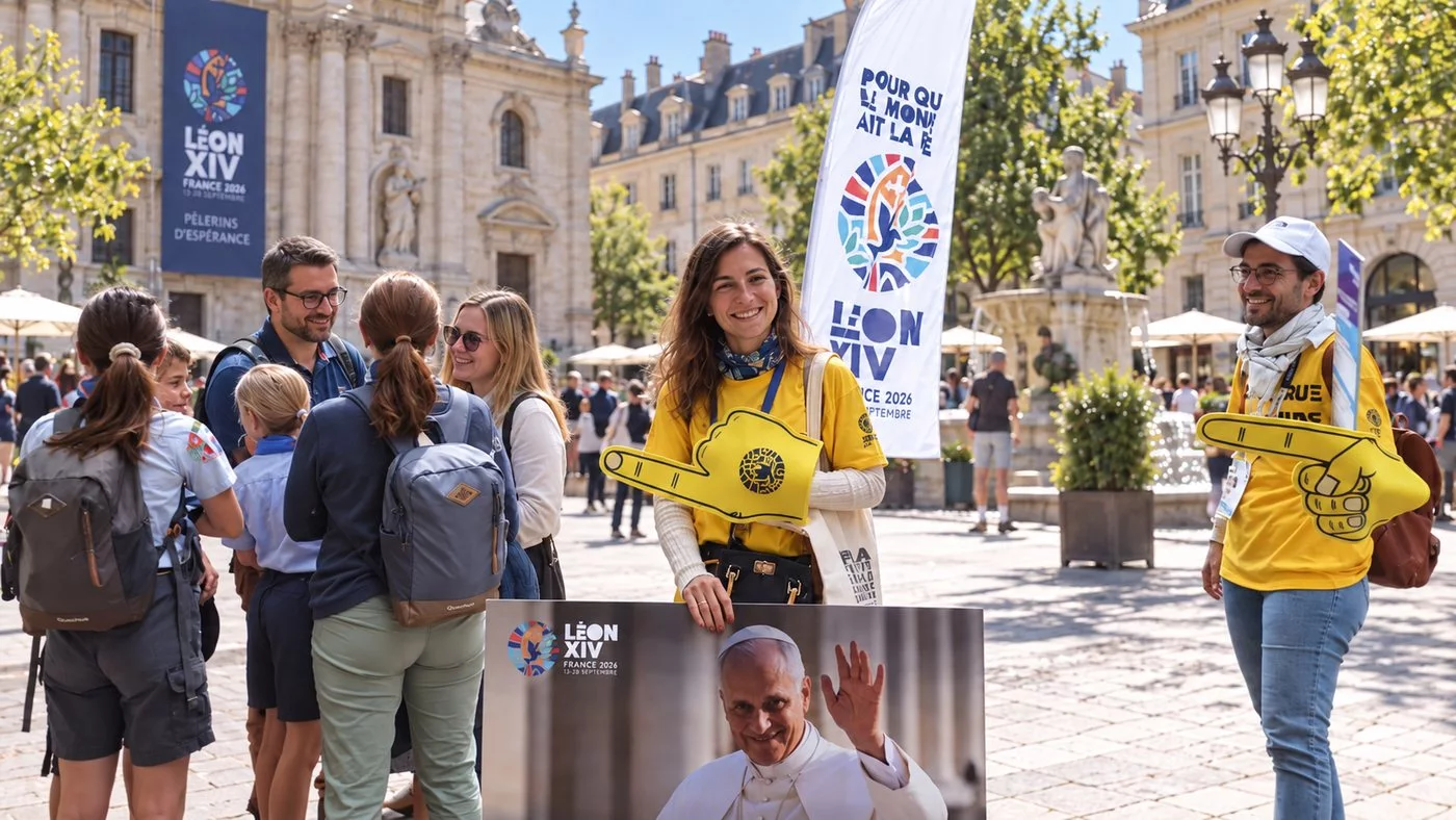 Bénévoles avec des mains géantes en mousse aux couleurs de la visite du pape Léon XIV