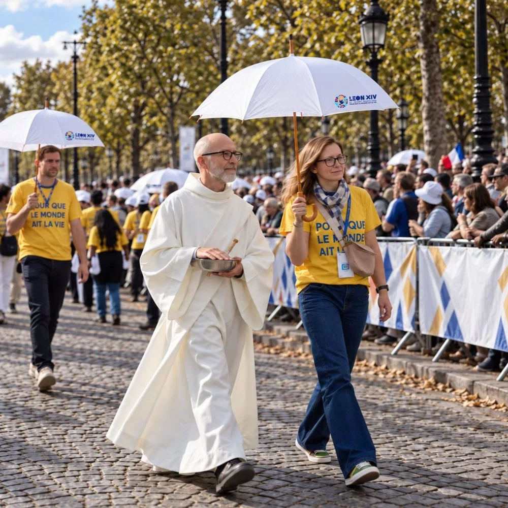 Bénévole abritant sous un parapluie Léon XIV un diacre portant la communion
