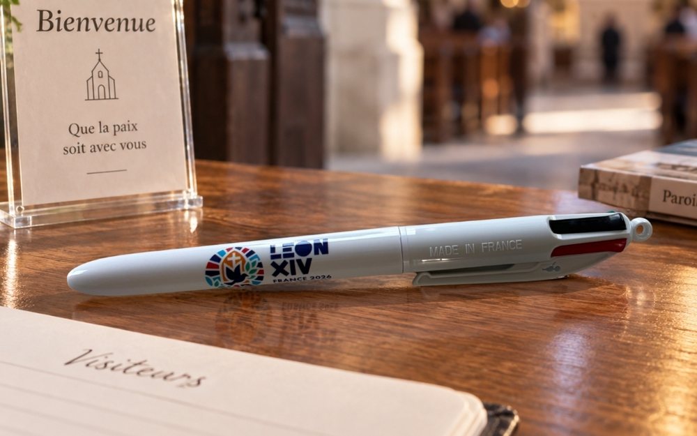 Stylo BIC 4 couleurs fabriqué en France au logo de la visite du pape Léon XIV